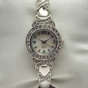 Elgin II Womens Watch Cuff 22mm Silver Tone MOP Crystals Bling New Battery 6.75"